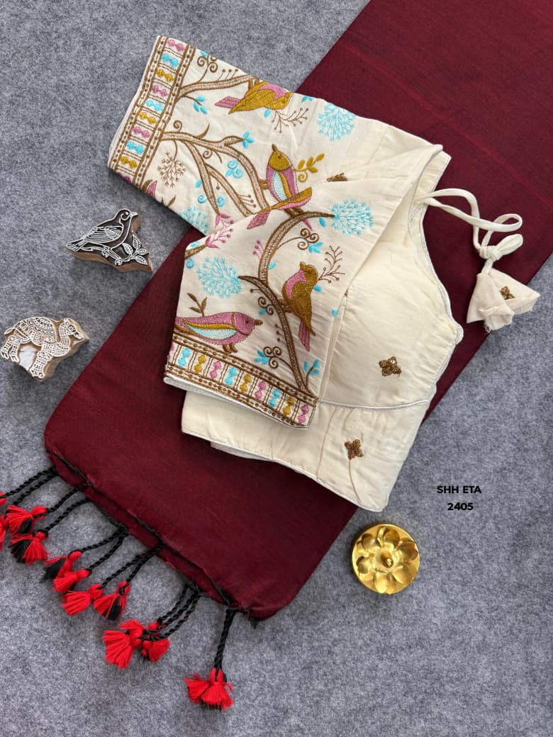 Plain Linen Cotton Handloom Saree with Tassels